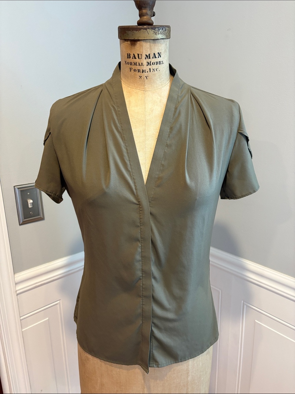 Calvin Klein Olive Green Short Sleeve V-Neck Blouse